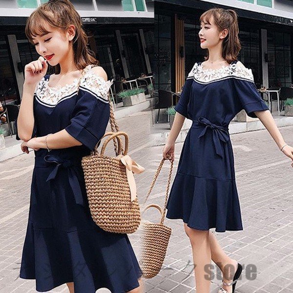 ワンピース レディース 春夏 膝丈ワンピース 半袖 きれいめ レース ワンピース リボン肩出し ロング オシャレ 上品 韓国風 着痩せ 結婚式の通販はau Pay マーケット Rbm Shop