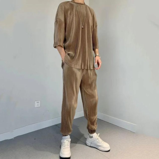 メンズ無地上下セット半袖Tシャツロングパンツ夏おしゃれ セットアップ メンズ 半袖 Tシャツ 軽量 接触冷感 ルームウェア