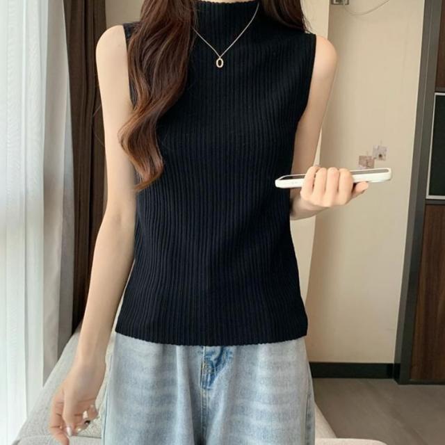 プリーツ タンクトップ レディース ハイネック ノースリーブ Tシャツ