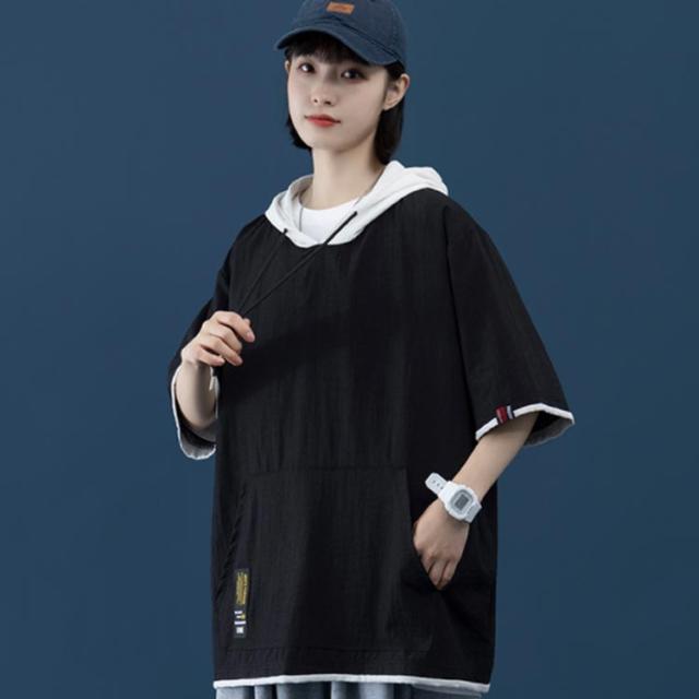 重ね着風 夏服 五分袖パーカー ビッグシルエットtシャツ 半袖t