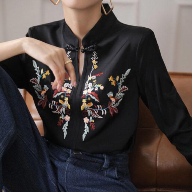 長袖シャツ 刺繍 総柄シャツブラウス レディース シャツ ブラウス チャイナ風シャツブラウス 花柄 トップス プチハイネック 綿  30代 40代 春夏 cjfj83042-01.jpg