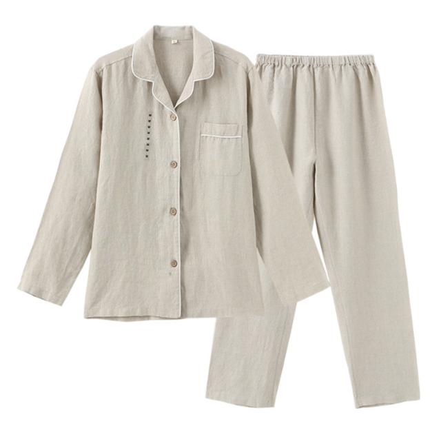 セットアップ 春 メンズ リネン カップル リネンパジャマ レディース 長袖 ルームウェア カップル ロングパンツ ペア 上下 パジャマ Vネック 前開き 寝間着 夏 2点セット 秋 寝巻き 部屋着 ナチュラル シンプル 無地 薄手 セットアップ 春 メンズ リネン カップル リネンパジャマ レディース