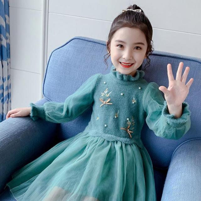 チュールワンピース キッズ ロングワンピース 春秋 女の子 長袖 チュチュワンピース フリルワンピース おしゃれ ワンピース ドレス 女児 姫系 丸襟 Aライン ニットワンピース 送料無料 シンプル カジュアル おしゃれ ナチュラル ロングドレス