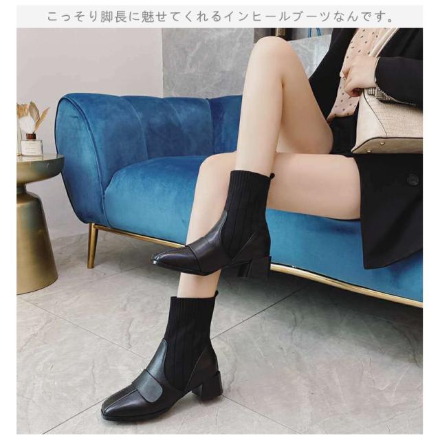 マーティンブーツ ブラック 四角靴 レディース レザーシューズ ウエスタンブーツ おしゃれ メリヤス 厚底靴 太めヒール マーティン靴 美脚の通販は