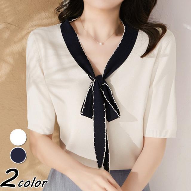 Tシャツ ニットソー レディース 40代 春夏秋新作 オシャレ 白Tシャツ 半袖トップス 薄手ニットソー リボンネック 大人 上品 通勤 ショット丈 カットソー 30代の通販は 4,805円