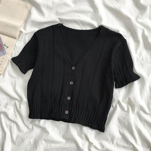 ショート丈】ニット 半袖 カーディガン 黒 荒かっ