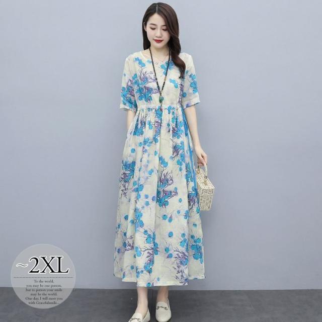 ワンピース ラウンドネック 半袖 ギャザー ウエストリボン ロング丈 ポケット お出かけ 休日 キレイ目 デート 上品 フェミニン ママ クールの通販は 5,662円