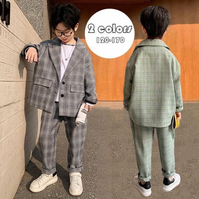 子供服 スーツ フォーマル 男の子 小学生 2点セットアップ キッズ おしゃれ 長袖 春秋 ジュニア チェック柄 ブレザー ジャケット+長ズボン 卒業式/入学式/発表会の通販は