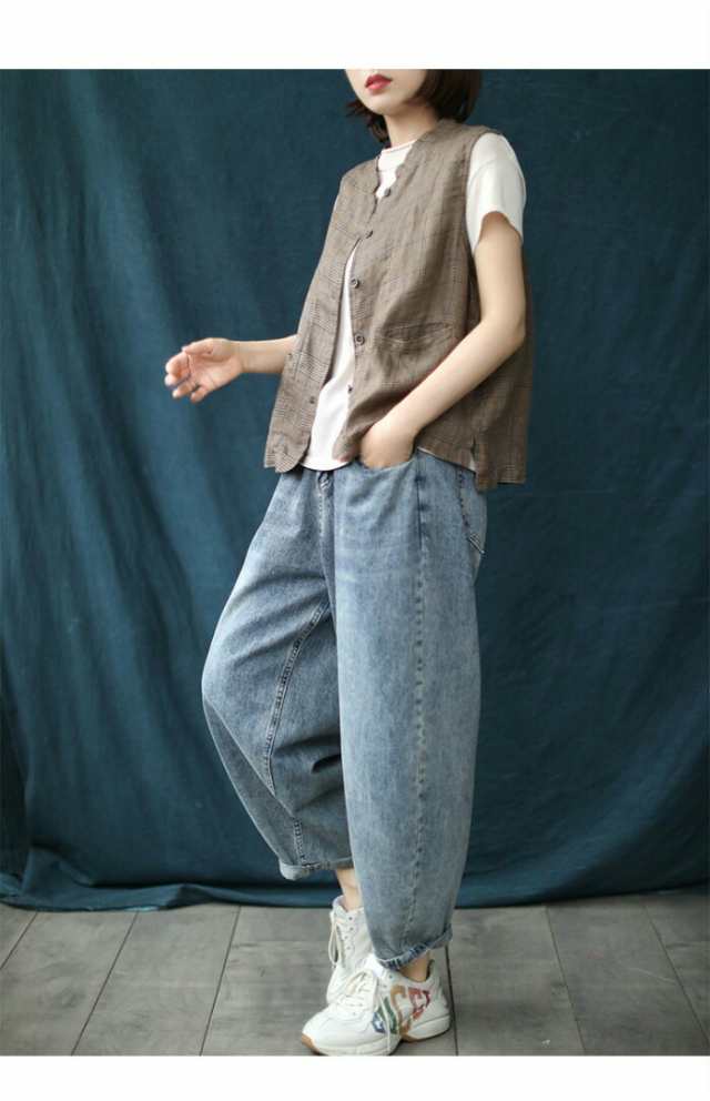 ベスト ジレ レディース ノースリーブ リネン 綿麻風 レイヤード