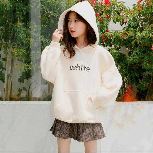 韓国ファッション　起毛セットアップ　ホワイト　ブラック　80〜120cm フード付きパーカーセットアップ ホワイトM裏起毛 アンドカワイイ And