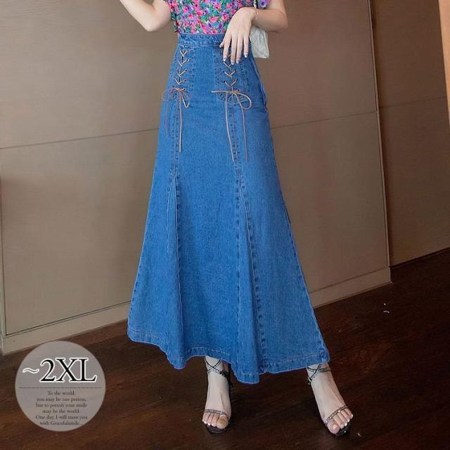 スカート デニム生地 マーメイドライン ロングスカート リラックス 細見え レースアップ お出かけファッション ママスタイル クール 食事会の通販は 5,793円