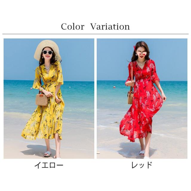 ワンピース ビーチワンピース ロングワンピース 花柄 ネック シフォン エスニック風 半袖 マキシ ゆったり 体型カバー 春夏 超人気 S-4XLの通販は