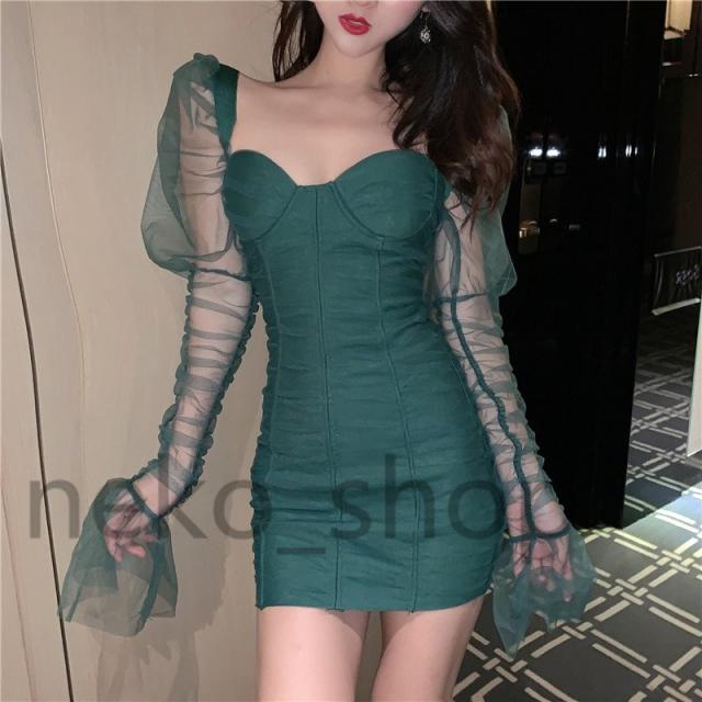 ワンピース レディース 20代 30代 きれいめ 長袖 メッシュ切り替え タイトワンピ ミニ丈ワンピ 無地 パーティードレス 結婚式 二次会 スリム 着痩せ セクシーの通販は