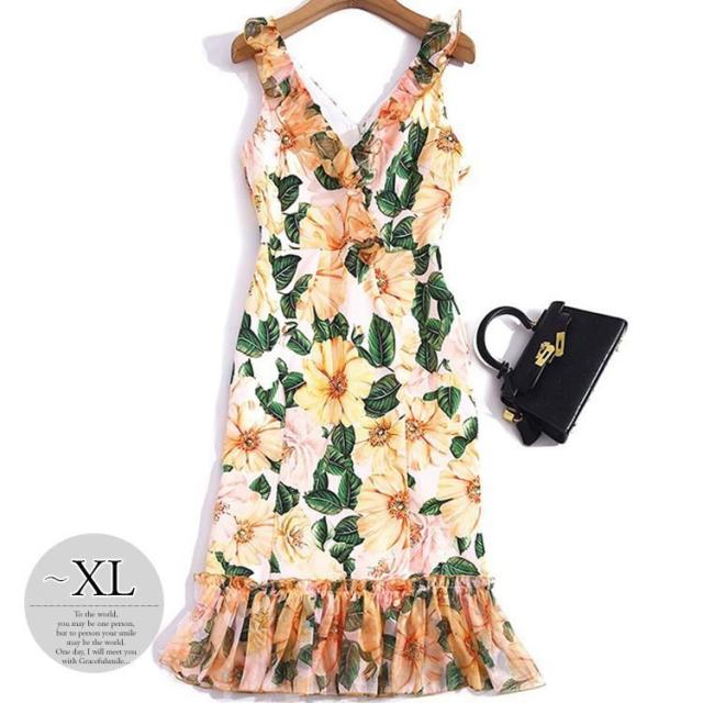 ワンピース プリント柄 花柄 ノースリーブ 裾フリル 涼しげ 食事会 きれいめ お出かけ 女子旅 ドライブ お出かけファッションの通販は