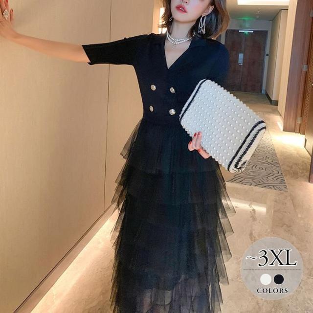 ワンピース 襟付き 半袖 異素材 チュールスカート ドッキング ボタン 個性的 ディナー パーティースタイル かわいい 爽やか ママ 可愛い 8,126円