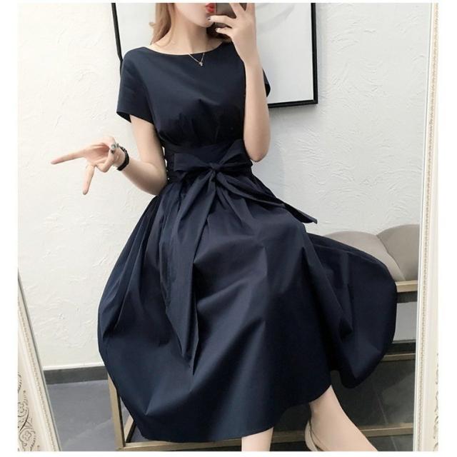 ワンピース レディース 夏 ワンピ 無地 リボン 半袖 ロング ミモレ丈 40代 膝丈ワンピース 通勤 着痩せ オシャレ 大人 上品