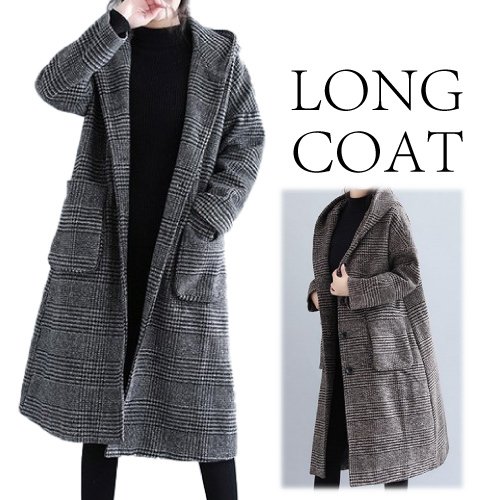 ロングコート ミドルロング丈 レディース ボタン留め チェック柄 ダブルポケット フード付き 女子 おしゃれ 防寒の通販は 5,097円