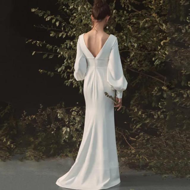 ウェディングドレス マーメイドライン ボリューム袖 ファスナータイプ 花嫁ドレス 袖あり 長袖 Vネック 背中開き 前撮りドレス 高級感 演奏会 二次会 花嫁 ワンピース パーティードレス 無地 ホワイト 選べぶ2タイプ