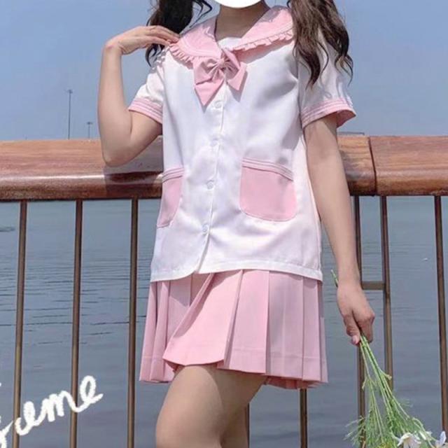 コスチューム 半袖 セーラー服 ロリータ 制服 レディース 上下セット リボン付 3点セット 学生 コスプレ プリーツスカート ミニ 前開き ブラウス コスチューム 半袖 セーラー服 ロリータ 制服 レディース 上下セット