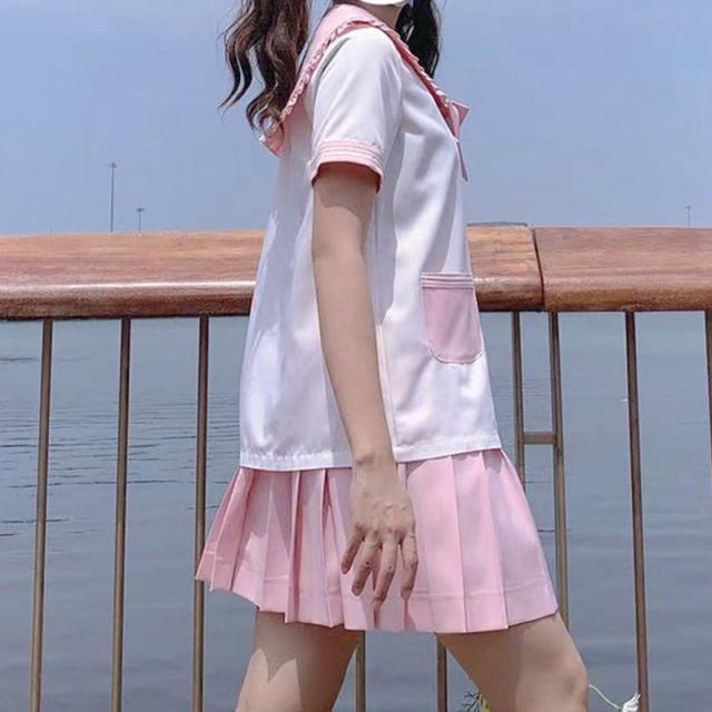 コスチューム 半袖 セーラー服 ロリータ 制服 レディース 上下セット リボン付 3点セット 学生 コスプレ プリーツスカート ミニ 前開き ブラウス コスチューム 半袖 セーラー服 ロリータ 制服 レディース 上下セット