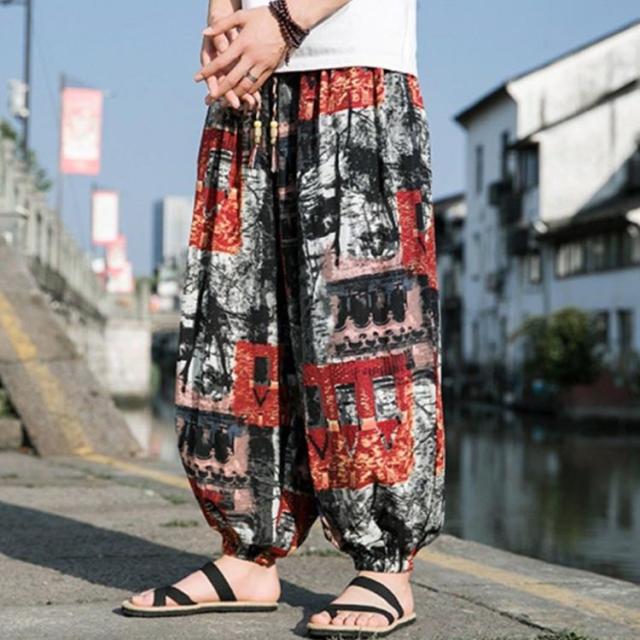 動きやすく アラジンパンツ メンズ タイパンツ 象柄パンツ