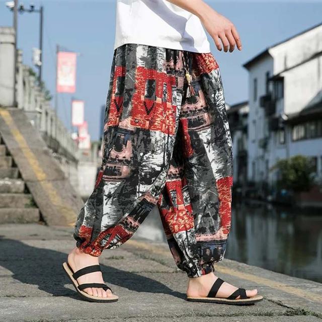 動きやすく アラジンパンツ メンズ タイパンツ 象柄パンツ