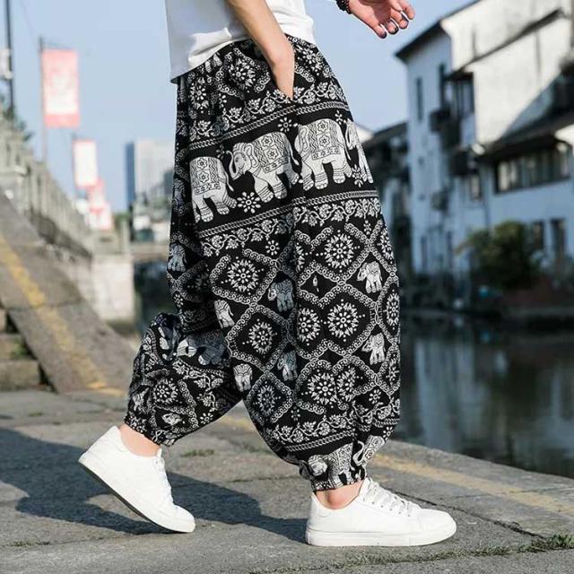 動きやすく アラジンパンツ メンズ タイパンツ 象柄パンツ アラジン