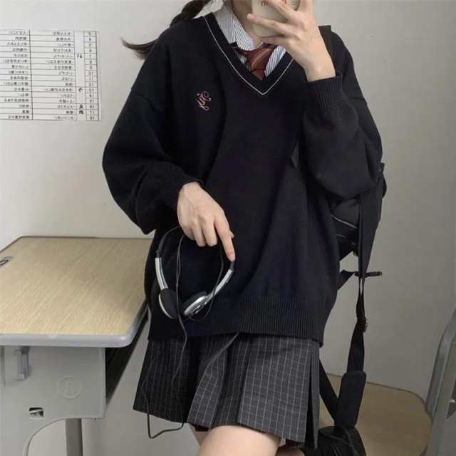 スクール セーター 制服 Vネック 女子 スクールセーター ライン入り 高校生 ニット 秋冬 春 学生服 ゆったり ニットセーター JK制服  レディース 上着 女子高生 中学生 学校 通学 白 黒の通販はau PAY マーケット - 松島本舗 | au PAY マーケット－通販サイト