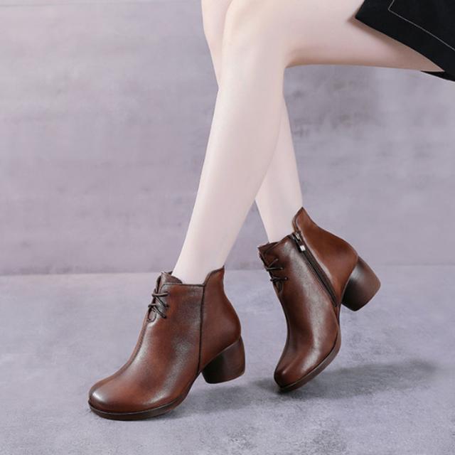 レースアップ ブーツ レディース 革 牛革 ブーツ 春秋 秋冬 裏起毛/不