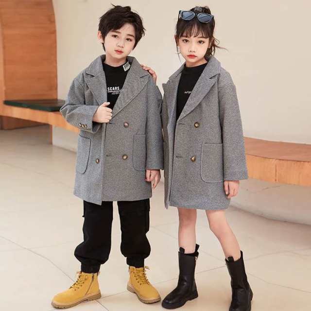 キッズ チェスターコート ダブル 秋 冬 コート 子供服 女の子 男の子 ロングコート ゆったり 裏地付き キルティング入り 厚手 メルトン 通学  フォーマル 120 130 140 150 160 大きいサイズ グレー 無地 おしゃれ ユニセックス 【送料無料】の通販はau PAY マーケット  ...