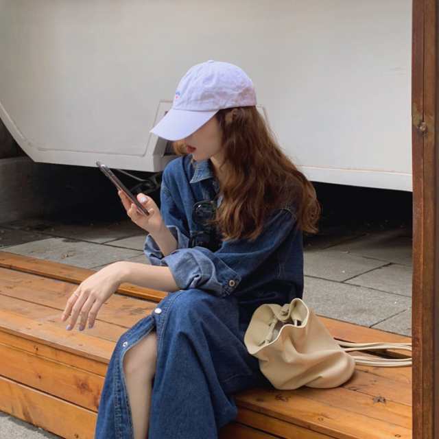 デニムワンピース ミモレ丈 ロングワンピース 長袖 デニムシャツ