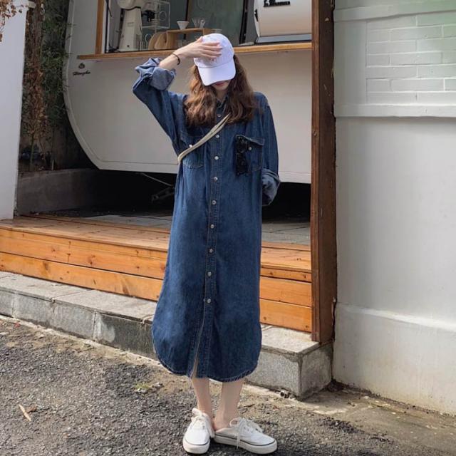 デニムワンピース ミモレ丈 ロングワンピース 長袖 デニムシャツ