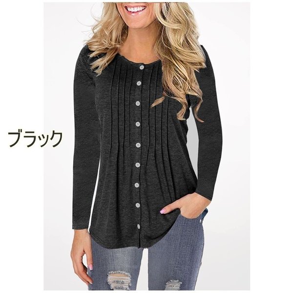 カットソー レディース 長袖 ラウンドネック 襟なし ピンタック