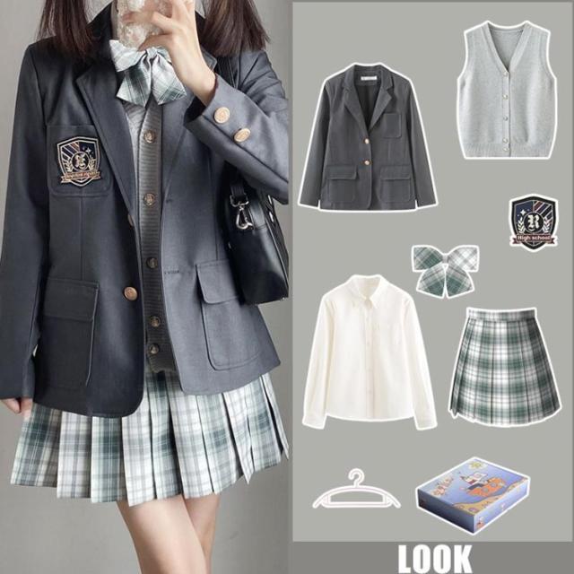バーバリー　上品　グレー スーツ　ブレザー リボン付きシャツ　スカート　卒業式 スーツ 女子高生 制服 6点セット 女の子 入学式スーツ ブレザー