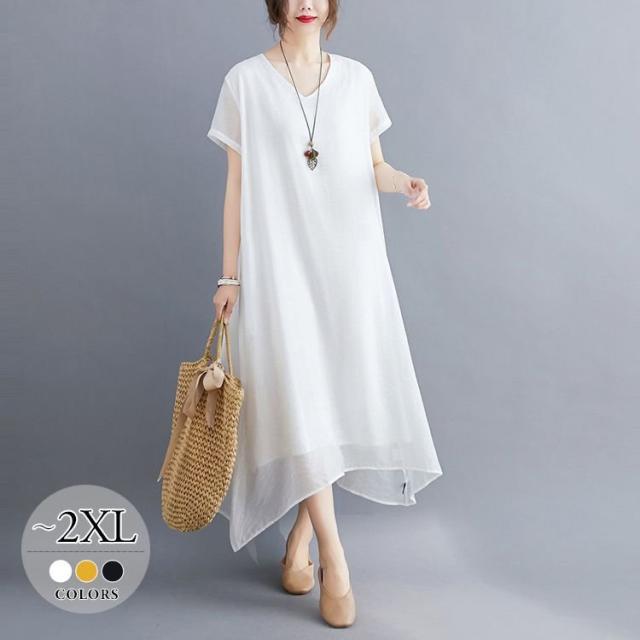 ワンピース Vネック 半袖 透け感 ロング丈 ブラック ホワイト ナチュラルコーデ ふんわり キレイ目 上品 フェミニン ストリート Ogw04 の通販はau Pay マーケット Apaapa