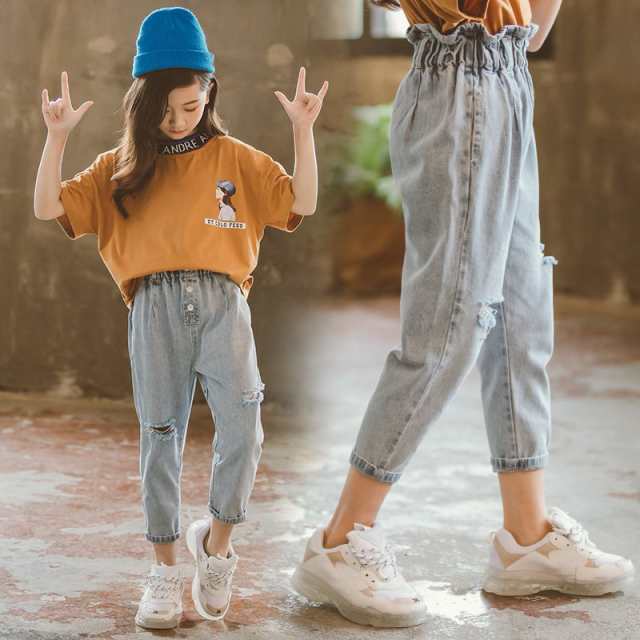 ハイウエスト ダメージ デニムパンツ 子供服 キッズ 女の子 ロングパンツ 長ズボン 春秋夏在 小学生 中学生 通学 通園 可愛い おしゃれの通販はau Pay マーケット Maicy Rose