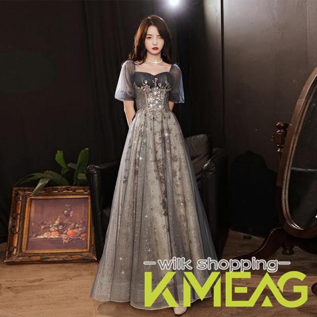 カラードレス カクテルドレス ロングドレス パーティードレス 発表会 演奏会 ステージ 袖付き イブニングドレス グレー シルバー ラメ キラキラ 上品