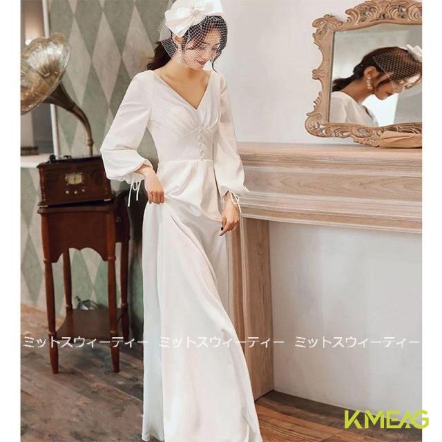 ウェディングドレス aラインドレス 長袖 ウエディングドレス 二次会 花嫁 パーティードレス 披露宴 二次会ドレス 結婚式 ロングドレス レストランウェディング