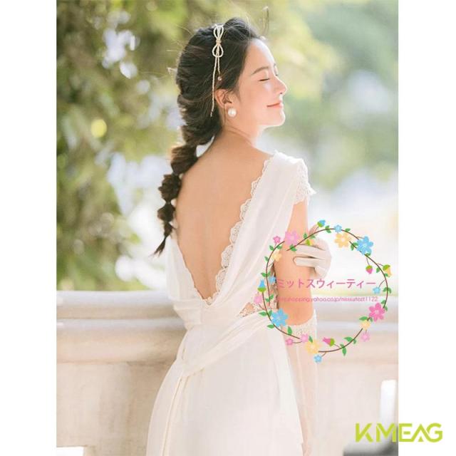 ウェディングドレス 結婚式 花嫁 サテン ギリシャ風 Vネック レース シースル 背中開き カクテルドレス イブニングドレス パーティードレス 優しい エレガンス