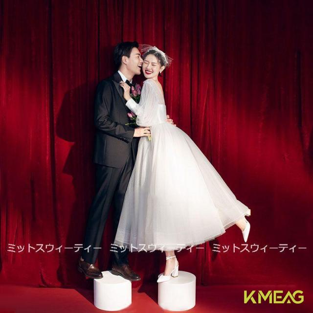 ウェディングドレス パフスリーブ 二次会 花嫁 プリンセス 白 挙式 パーティードレス 披露宴 ブライダル 結婚式 ロングドレス 演奏会 可愛い ハネムーンフォト