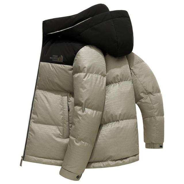 ダウンジャケット ダウン カラー配色 メンズ 切り替え 英文字プリント フード取り外し可能 柄物 ショート丈 おしゃれ 暖かい 防寒対策 保温 防風