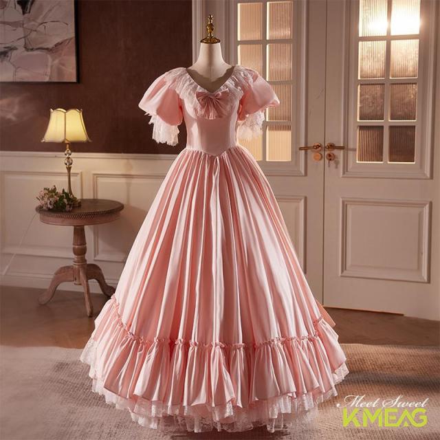 カラードレス ロングドレス パーティードレス ピンク レトロ 昭和風 ビンテージ風 ウェディングドレス ウエディングドレス 結婚式 二次会 花嫁 前撮り