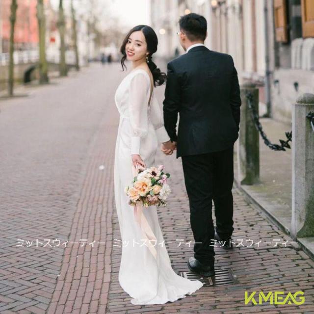 ウェディングドレス ロング丈ドレス お呼ばれ カクテルドレス イブニングドレス ブライダル 結婚式 花嫁 ウエディングドレス 二次会 パーティードレス 長袖 白