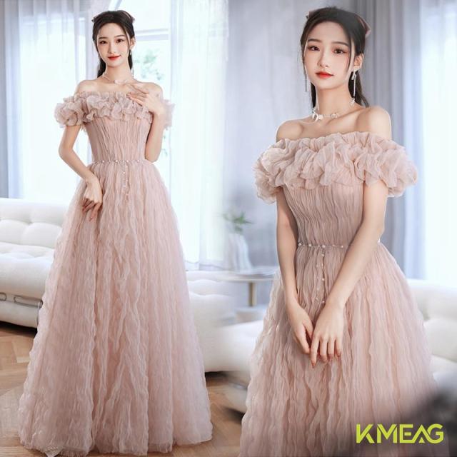 カラードレス ロングドレス 演奏会 発表会 大人 パーティードレス 二次会 花嫁 イブニングドレス 高校生 ピンク オフショルダー 編み上げ ふわふわ 結婚式