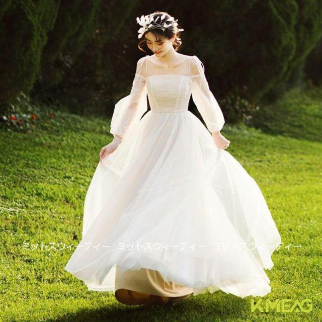 ウェディングドレス ウエディングドレス ロングドレス 結婚式 二次会 花嫁 前撮りドレス チュール オフホワイト 披露宴 ふわふわ ガーデンウェディング 写真撮影