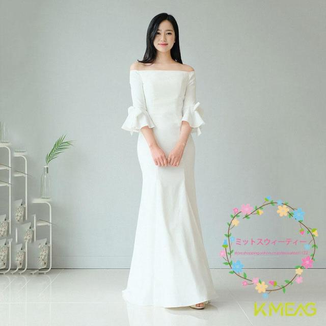 ウエディングドレス フォトウェディング リゾートウェディング ブライダル 撮影 海外挙式 ウェディングドレス スレンダー オフショルダー 袖あり 結婚式 二次会