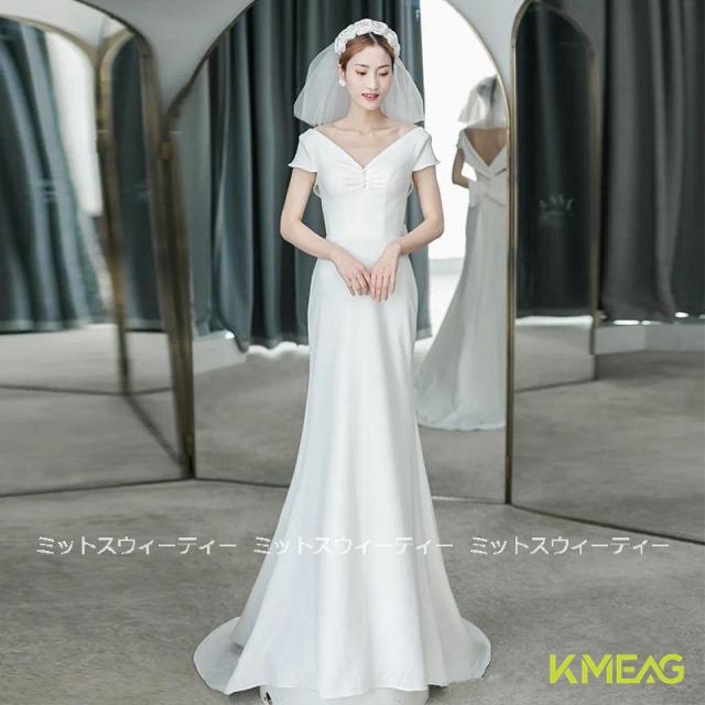ウェディングドレス 半袖 ウエディングドレス 二次会 スレンダードレス 花嫁 パーティードレス 演奏会 披露宴 ブライダル 結婚式 ロングドレス 細身 前撮り