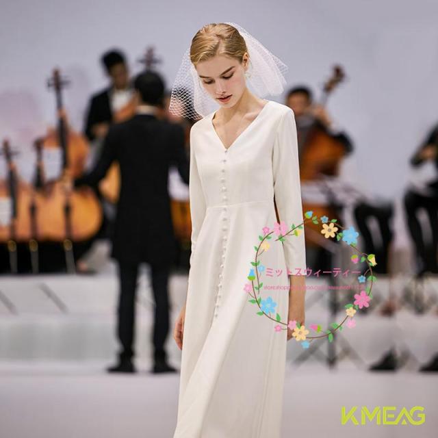 ウエディングドレス 白 長袖 ワンピース 二次会 結婚式 花嫁 ブライダル ミモレ丈ドレス シンプル 韓国風 秋冬 お呼ばれドレス フォーマル 20代 30代 40代