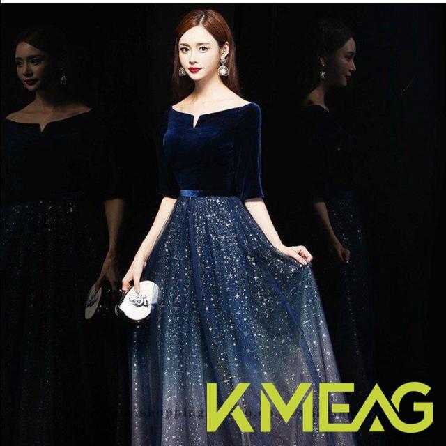 ロングドレス 演奏会 結婚式 ドレス 袖あり マキシ丈 aライン パーティードレス フォーマル ピアノ 発表会 二次会 ウェディング 花嫁 上品 大人 高級 紺