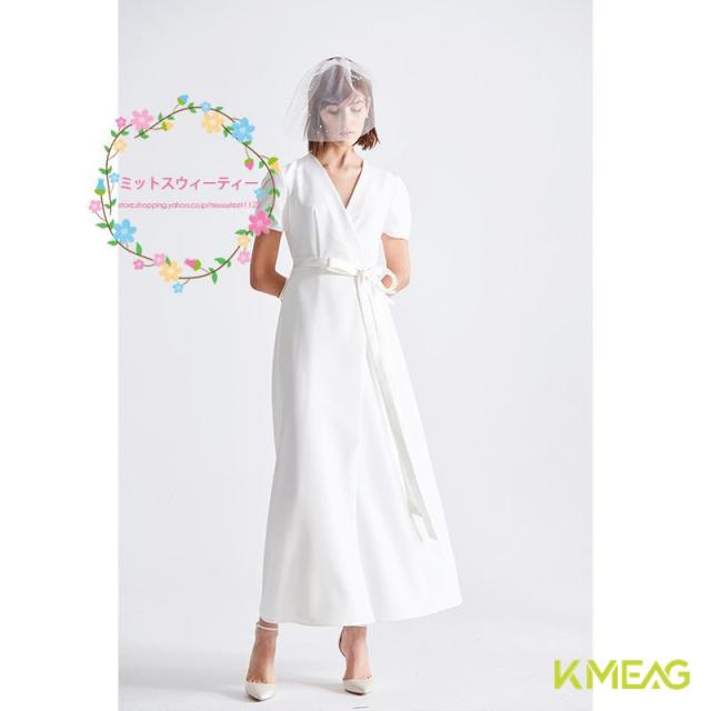 半袖 ミモレ丈 ウェディグドレス 二次会 花嫁 パーティドレス 結婚式 白 ワンピース 演奏会 小さいサイズ ドレス 発表会 安い お呼びばれ Vネック ブライダル